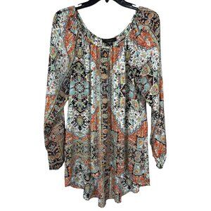 Karen Kane Top Blouse XL Blue Orange Print Hi Low Boho Long Sleeve Colorful